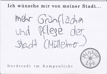 Schwarze Schrift auf weißem Hintergrund: "Ich wünsche mir von meiner Stadt mehr Grünflächen und Pflege der Stadt (Mülleimer)"