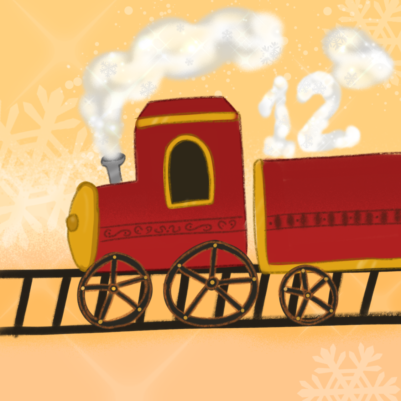 Ein gemalter, roter Zug auf Schienen. Darüber befindet sich die Nummer 12.