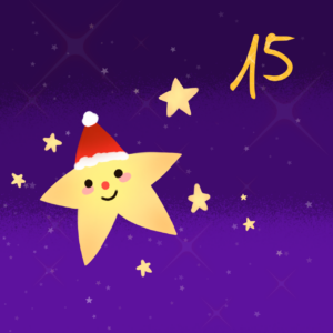 Ein gemalter gelber Stern mit einer Weihnachts-Mütze. Darüber ist die Nummer 15.