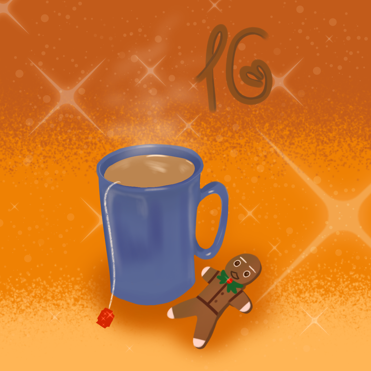 Ein orangener Hintergrund mit einer Kaffeetasse. Daneben liegt ein Lebkuchen-Männchen. Darüber ist die Nummer 16 zu sehen.