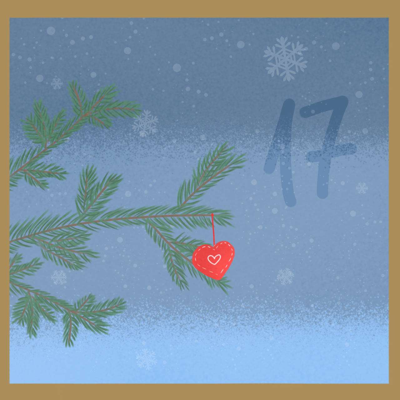 Ein blauer Hintergrund mit Schneeflocken. Links im Bild sind gemalte Tannenzweige. Rechts befindet sich die Nummer 17.