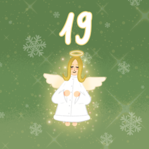 Ein gemalter Engel mit geschlossenen Augen. Darüber die Nummer 19.