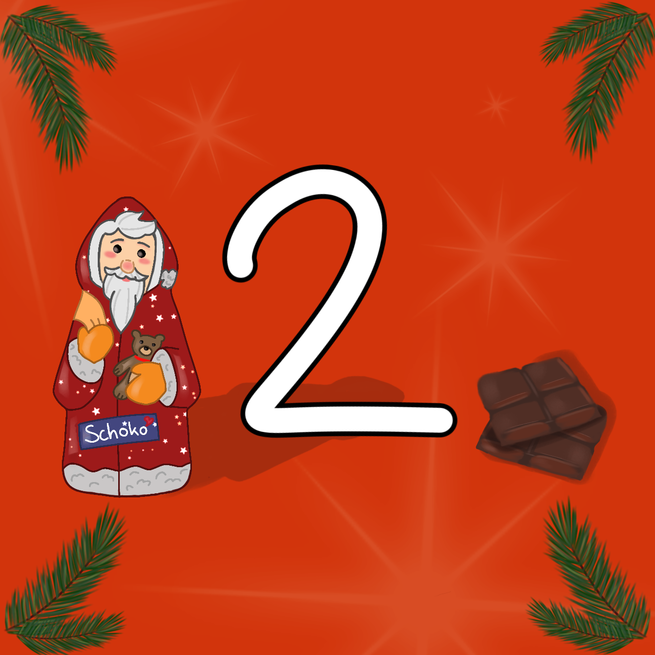 Links befindet sich ein Schokoladen-Weihnachtsmann. Rechts liegen zwei Schokoladen-Tafeln. In der Mitte befindet sich die Nummer 2.