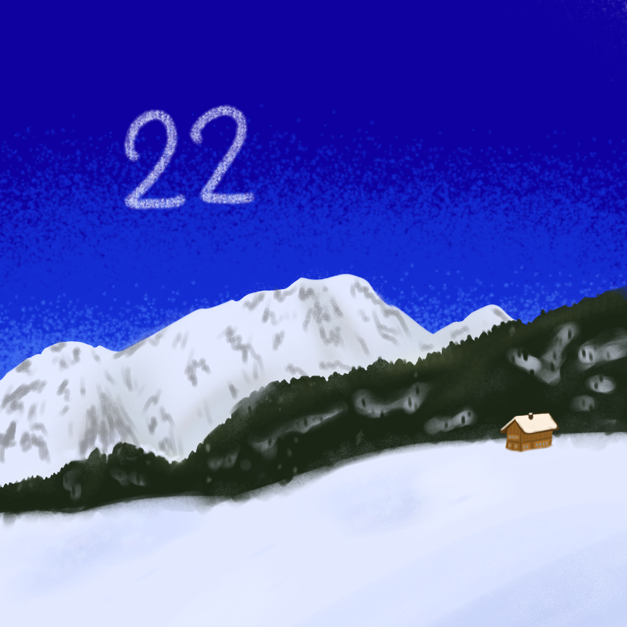 Eine gemalte Schnee-Landschaft. Darüber die Nummer 22.