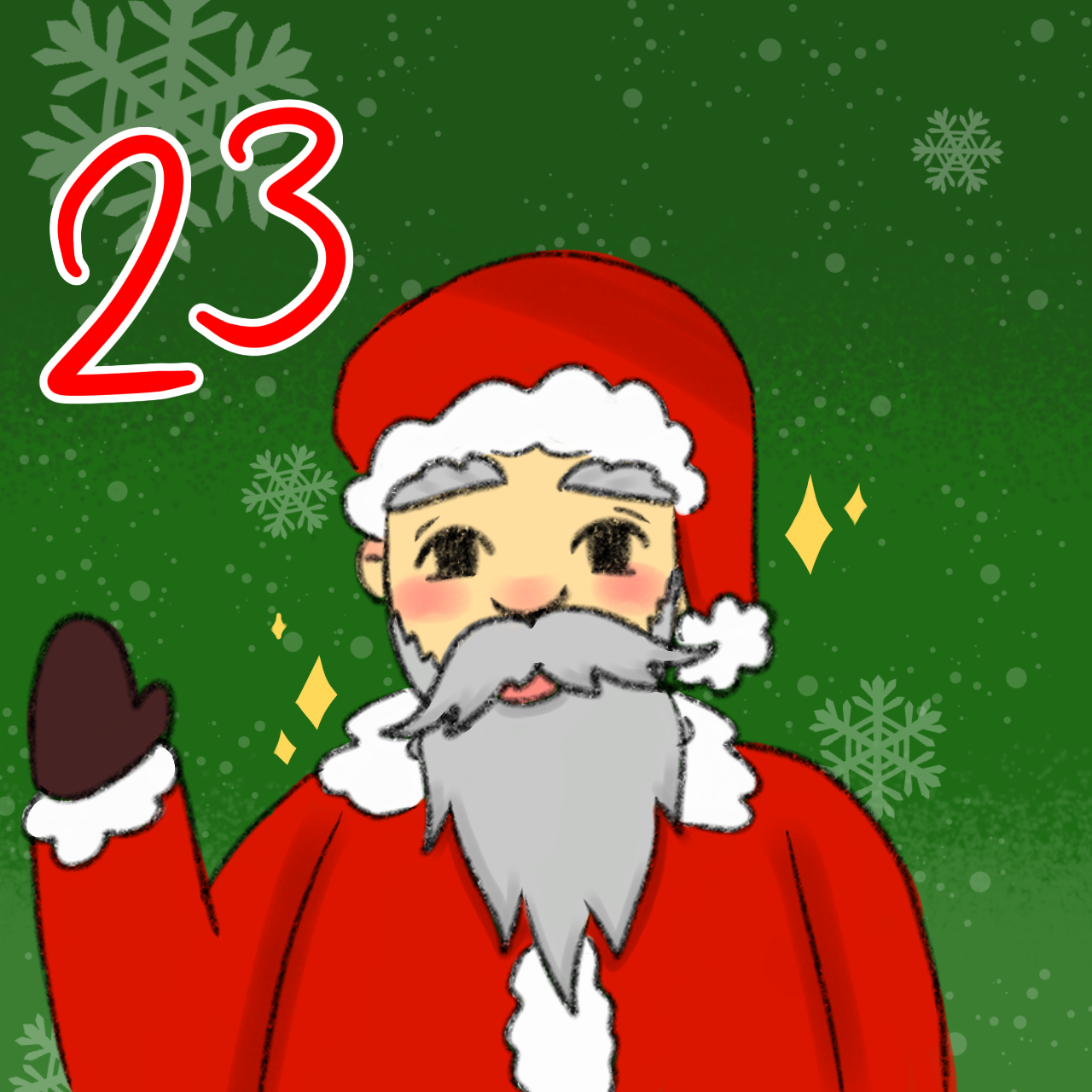 Ein gemalter Weihnachtsmann. Er winkt. Daneben die Nummer 23.