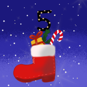Das Bild ist gemalt. Ein roter Nikolaus-Stiefel steht vor einem blauen Hintergrund. Er ist gefüllt mit einem Geschenk und einer Zuckerstange. Darüber befindet sich die Nummer 5.