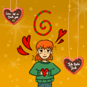 Das Bild ist gemalt. Vor einem gelben Hintergrund steht ein Mädchen mit roten Haaren. Es hält ein Herz in der Hand. Links und rechts hängen Lebkuchen-Herzen herab. Über dem Mädchen befindet sich die Zahl 6.