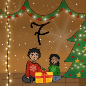 Das Bild ist gemalt. Zwei Kinder sitzen unter einem Weihnachtsbaum. Zwischen ihnen liegt ein großes, gelbes Geschenk. Über ihnen befindet sich die Nummer 7.