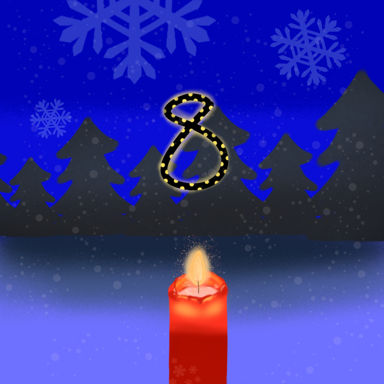 Ein blauer Hintergrund mit schwarzen Tannenbäumen. In der Mitte befindet sich die Nummer 8. Darunter ist eine rote Kerze.