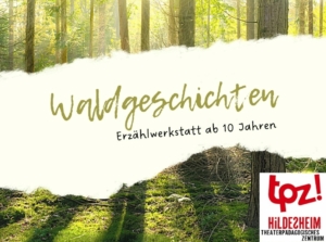 Im Hintergrund befindet sich ein Wald, durch den das Sonnenlicht scheint. Davor steht in grüner Schrift: "Waldgeschichten - Erzählwerkstatt ab 10 Jahren".