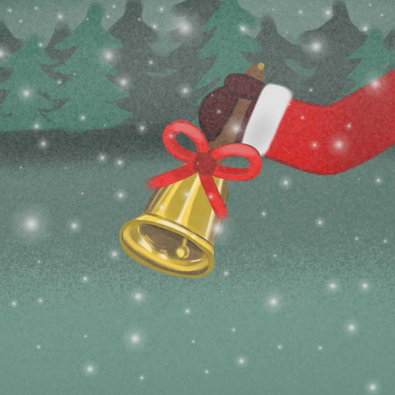 Das Bild ist gemalt. Vor einem grünen Hintergrund sieht man die Hand eines Weihnachtsmannes. Er hält eine goldene Glocke in seiner Hand.