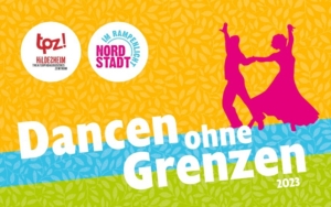 Weiße Schrift auf buntem Hintergrund: "Dancen ohne Grenzen 2023". Zwei pinkte Silhouetten tanzen.