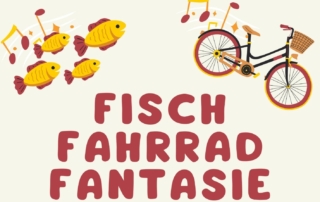 Rote Schrift auf weißem Hintergrund: "Fisch Fahrrad Fantasie". Darüber sind Fische und ein Fahrrad abgebildet.