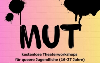 Auf einer bunten Wand steht das Wort "Mut" gesprüht.